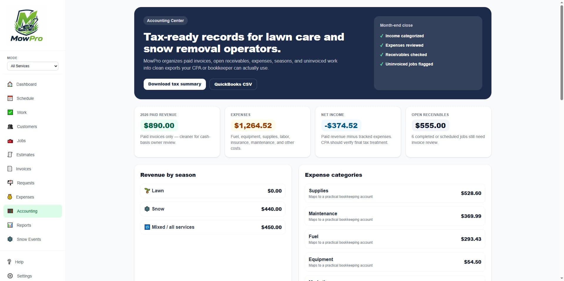 MowPro accounting center and tax-ready exports screen