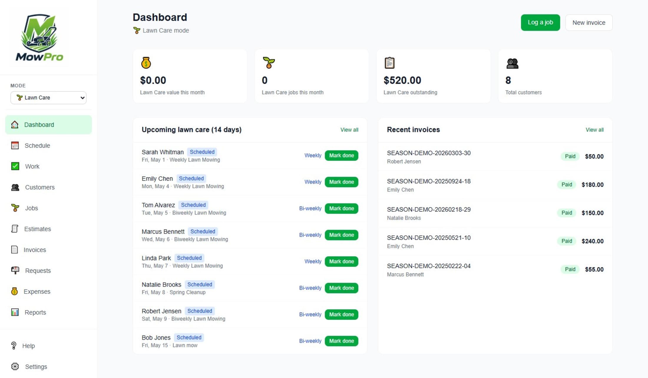MowPro lawn care dashboard