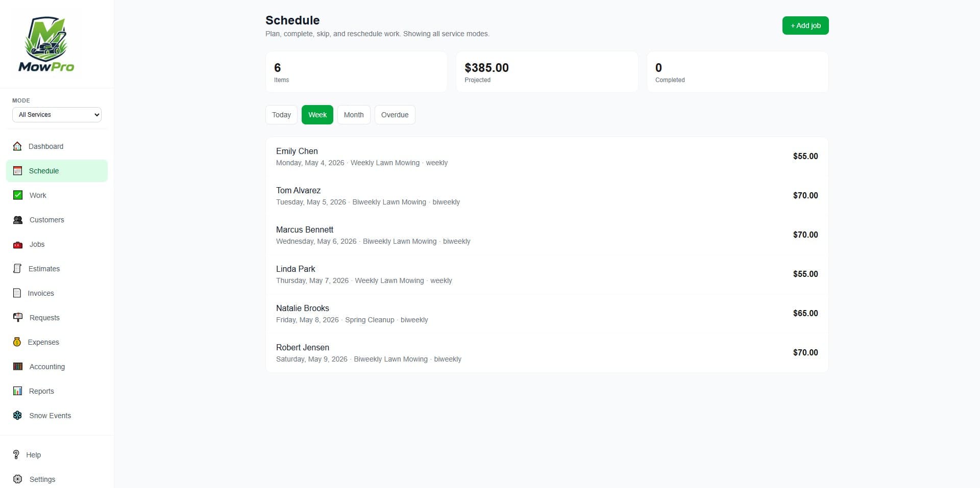 MowPro Schedule screen